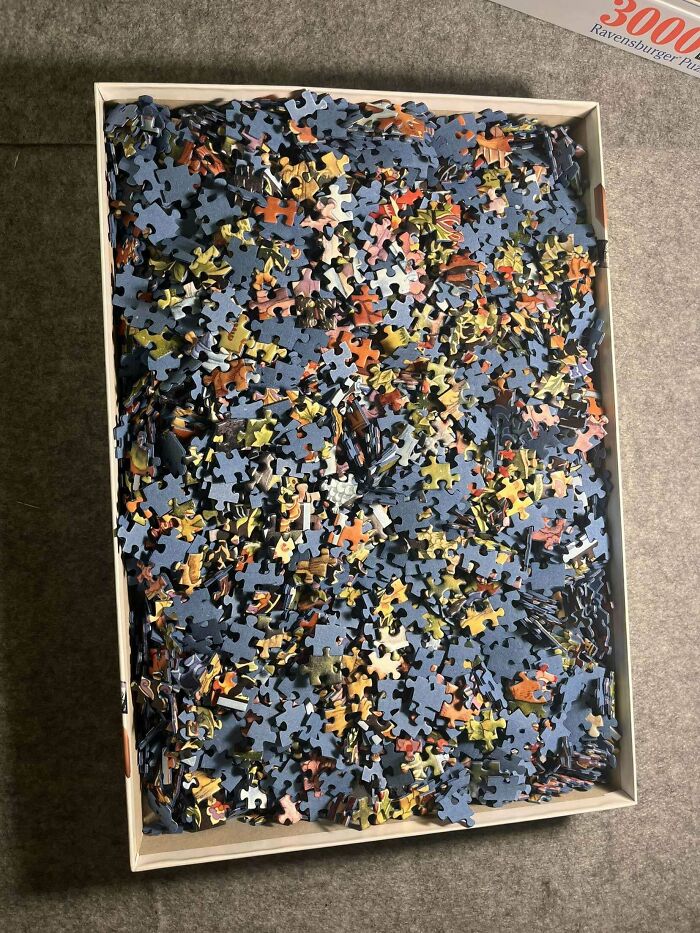 Box filled with thousands of puzzle pieces showing a perfectly camouflaged pattern that is challenging to find and assemble.