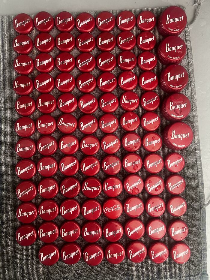 Rows of red bottle caps mostly labeled Banquet with one Coca-Cola cap, showcasing perfectly camouflaged objects to find.