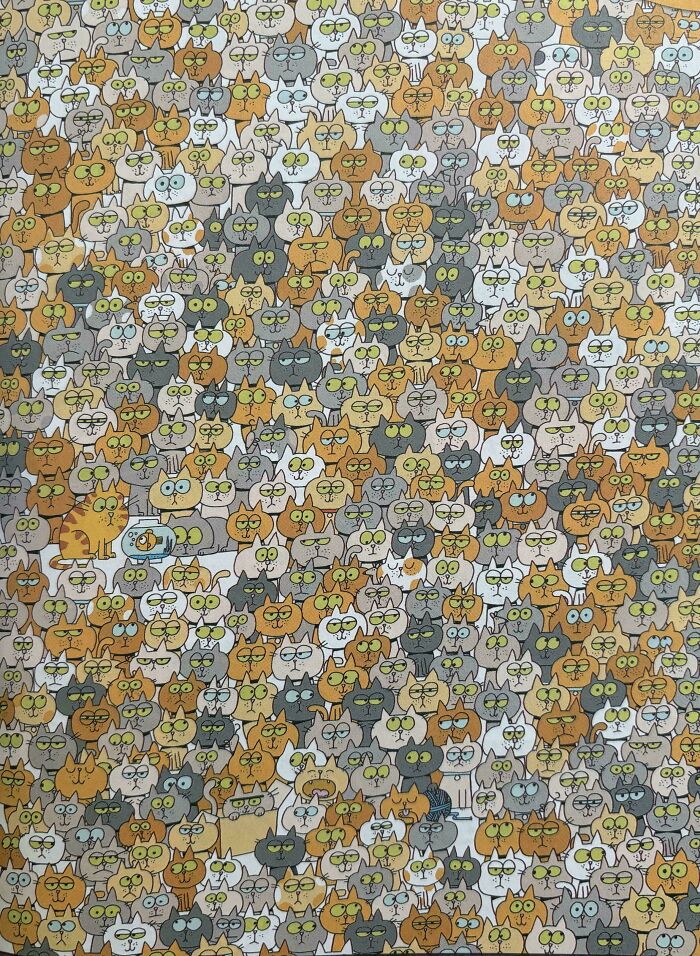 Illustration of hundreds of camouflaged cats in various colors and expressions blending together in a dense pattern.