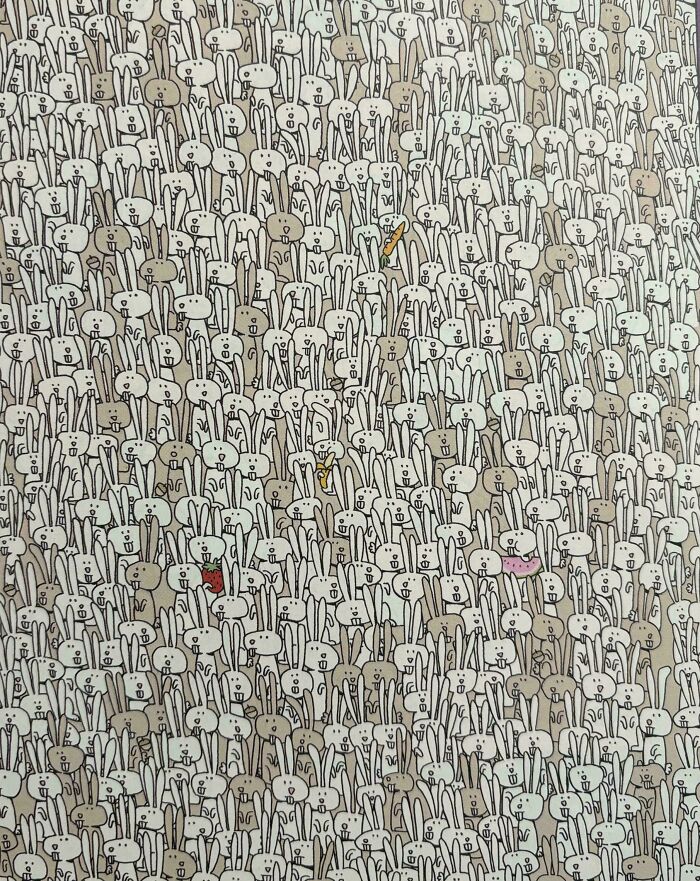 A dense pattern of white and brown cartoon rabbits with hidden colorful items to spot in perfectly camouflaged things.
