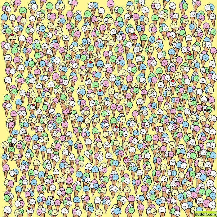 Colorful ice cream cones with faces in a dense pattern creating a perfectly camouflaged visual puzzle to find hidden objects.