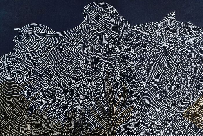 Intricate black and white pattern art with camouflaged shapes blending seamlessly into the complex design.