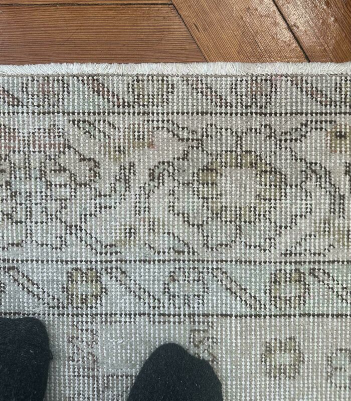 Black cat perfectly camouflaged on a patterned rug blending in with the design under wooden floor boards.