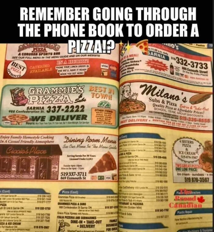 90s nostalgia phone book pizza ads from local businesses showing vintage menus and delivery options.