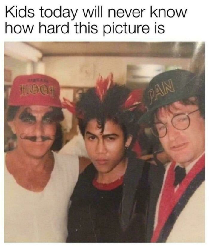 Three people in 90s costumes with hats and makeup, representing nostalgic posts from the 90s to unlock memories.