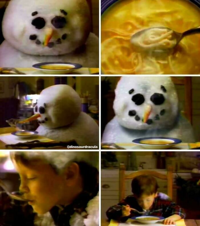 Snowman eating soup in a nostalgic ’90s commercial, capturing memories from kids today will never know era.
