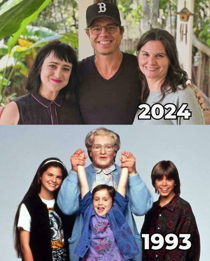 Side-by-side photo comparing cast from 1993 movie Mrs. Doubtfire and their 2024 reunion, highlighting 90s nostalgia.