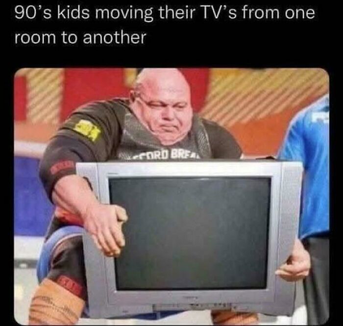 Strong man lifting an old CRT TV, illustrating nostalgic '90s kids memories of moving TVs between rooms.