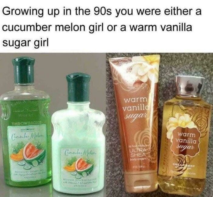 90s nostalgic body lotions cucumber melon and warm vanilla sugar bottles representing childhood memories