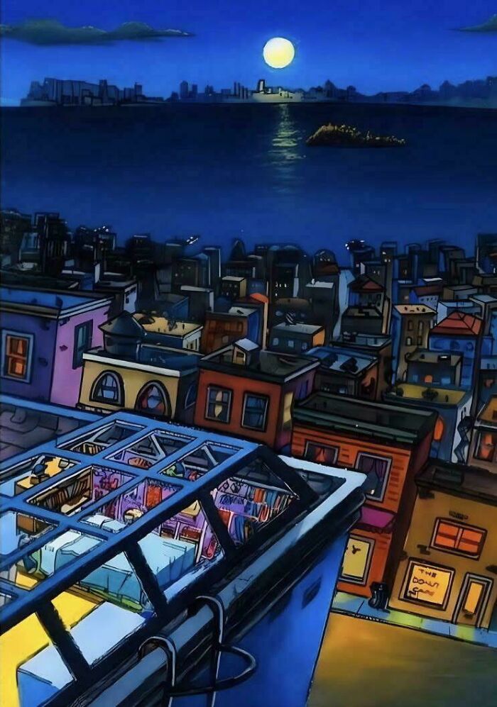 Nighttime cityscape illustration with rooftop view, inspired by nostalgic 90s cartoons capturing urban memories and vibes.