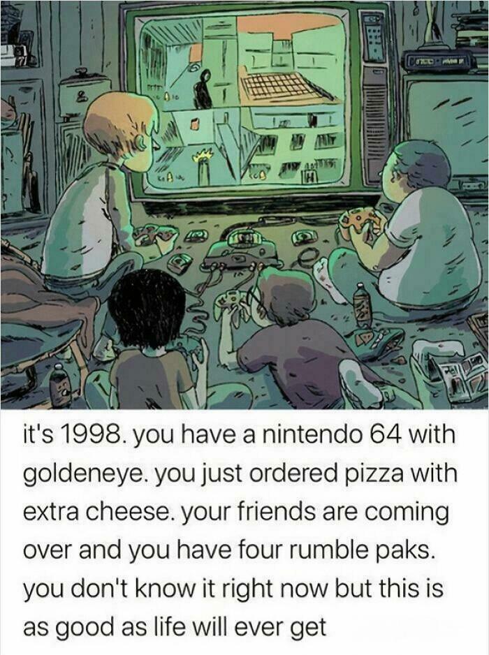 Kids playing Nintendo 64 in a nostalgic 1998 setting with friends, pizza, and classic 90s gaming memories.