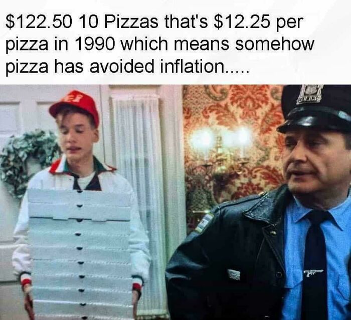 Boy in retro pizza delivery uniform holding boxes next to a police officer, highlighting ’90s nostalgic memories about pizza prices.
