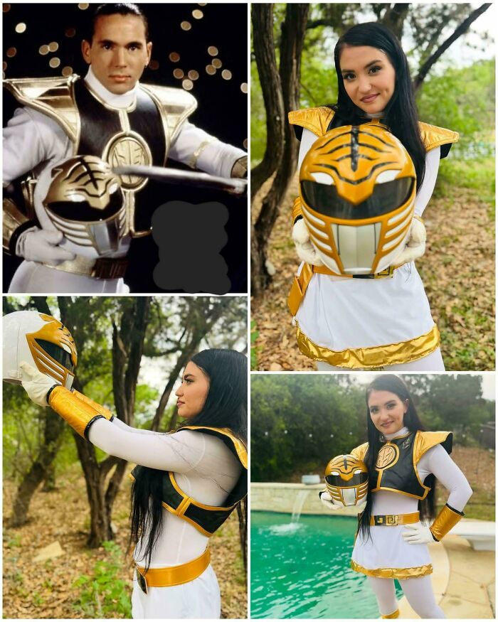 Collage of a woman dressed as the White Ranger, holding a helmet, evoking nostalgic ’90s kids’ memories and nostalgia.