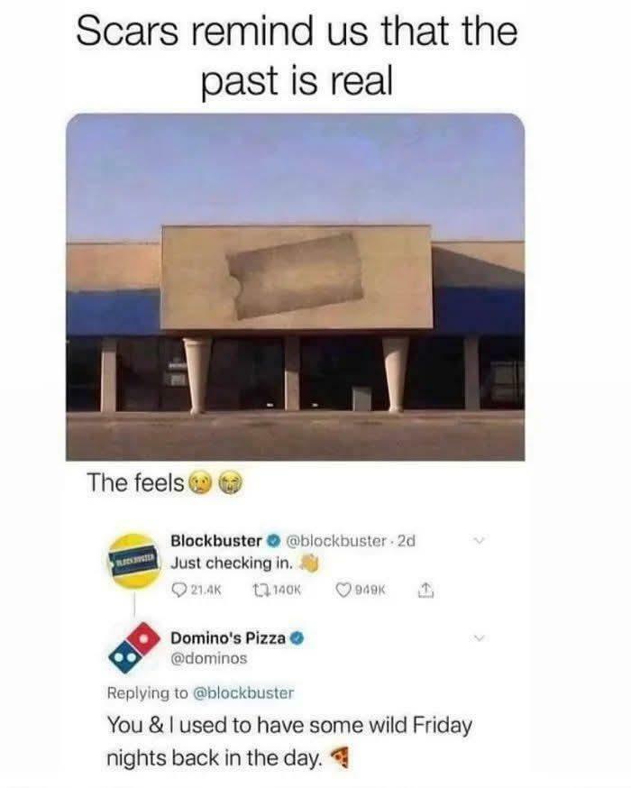 Old Blockbuster store front with faded sign and nostalgic social media exchange about 90s kids' memories and pizza nights.