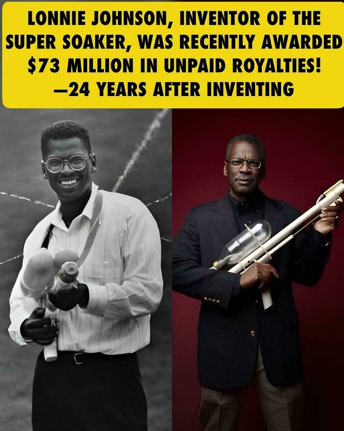 Lonnie Johnson, inventor of the Super Soaker, holds the water gun in nostalgic ’90s throwback images.