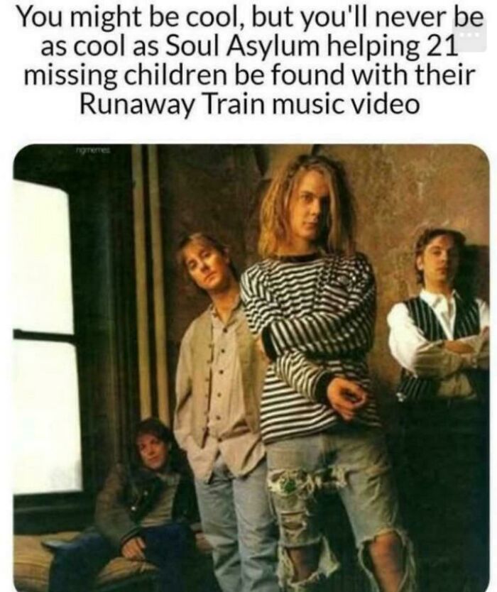 Soul Asylum band photo referencing ’90s nostalgia and missing children helped found through Runaway Train music video.
