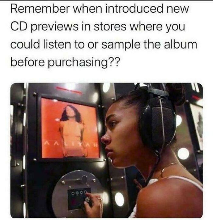 Teen girl with headphones sampling music at a CD preview station, recalling nostalgic '90s memories kids today will never know