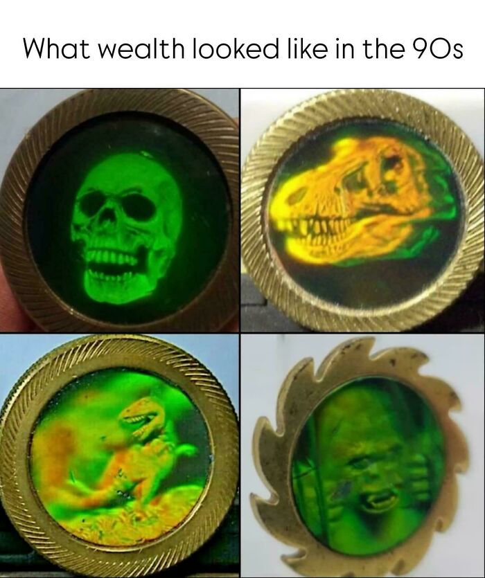 Vintage 90s hologram toys showing skull, dinosaur, and creature designs, evoking nostalgic memories from the 90s childhood.