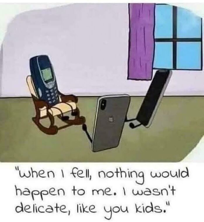 Cartoon of old Nokia phone in rocking chair talking about durability to modern smartphones, evoking ’90s nostalgia.