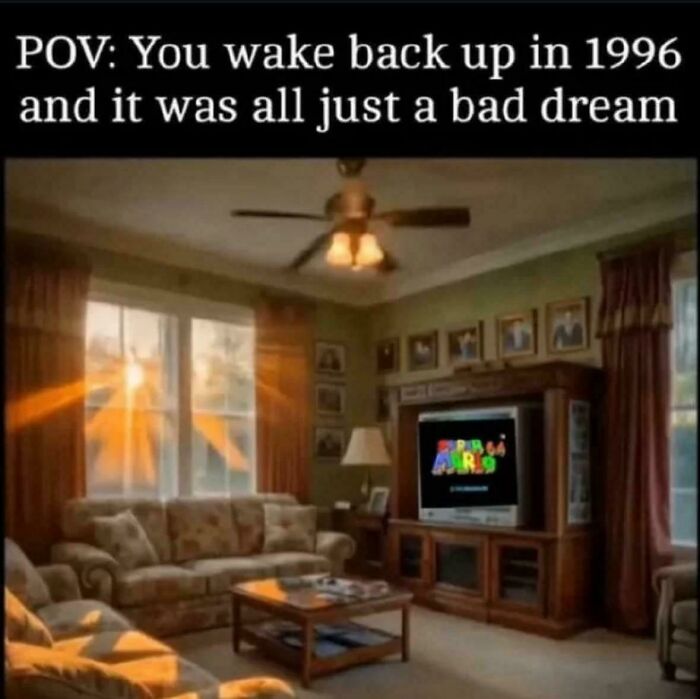 1990s nostalgic living room with Super Mario 64 on TV, warm sunlight, and vintage furniture evoking childhood memories.