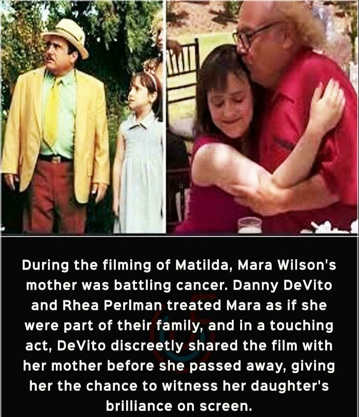 Danny DeVito and Rhea Perlman supporting Mara Wilson during Matilda filming, a memorable 90s nostalgic moment.