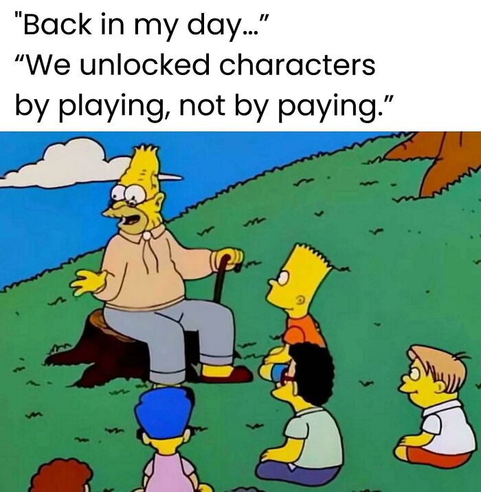 Scene from The Simpsons with Grandpa Simpson telling kids about nostalgic ’90s gaming and memories unlocked by playing.