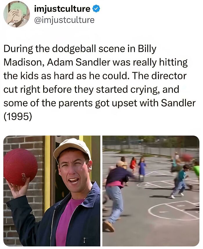 Tweet about Adam Sandler hitting kids hard during dodgeball scene in 1995 Billy Madison, nostalgic 90s movie moment.