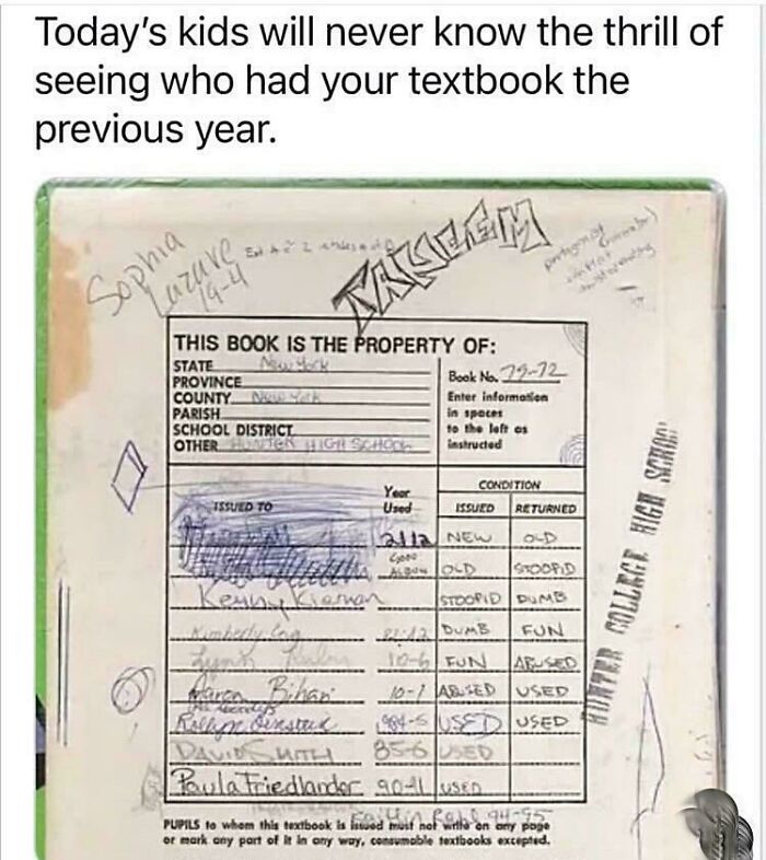 A worn ’90s textbook cover with student names and graffiti, evoking nostalgic memories of childhood school days.