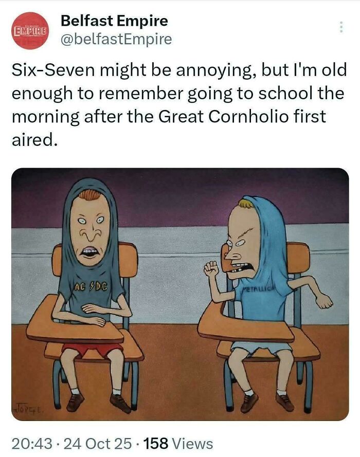 Tweet from Belfast Empire about remembering the first airing of The Great Cornholio, with a Beavis and B**t-Head cartoon image.