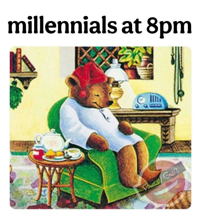 Illustration of a teddy bear in pajamas sleeping in a chair with tea, evoking nostalgic posts about the ’90s and childhood memories.