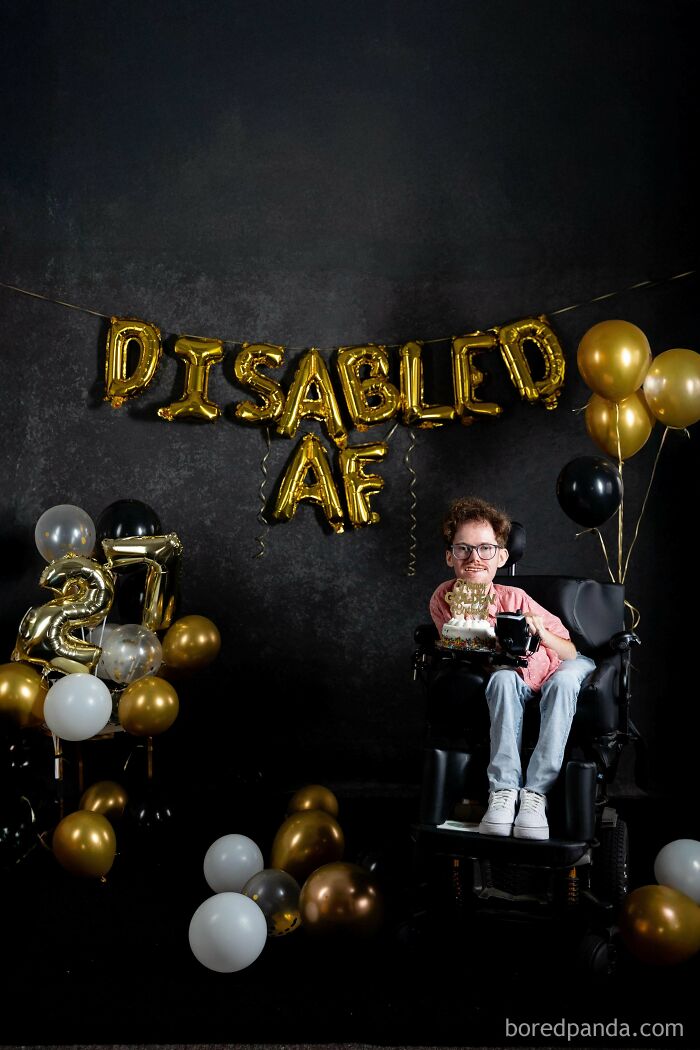 Person in wheelchair celebrating birthday with disabled balloons