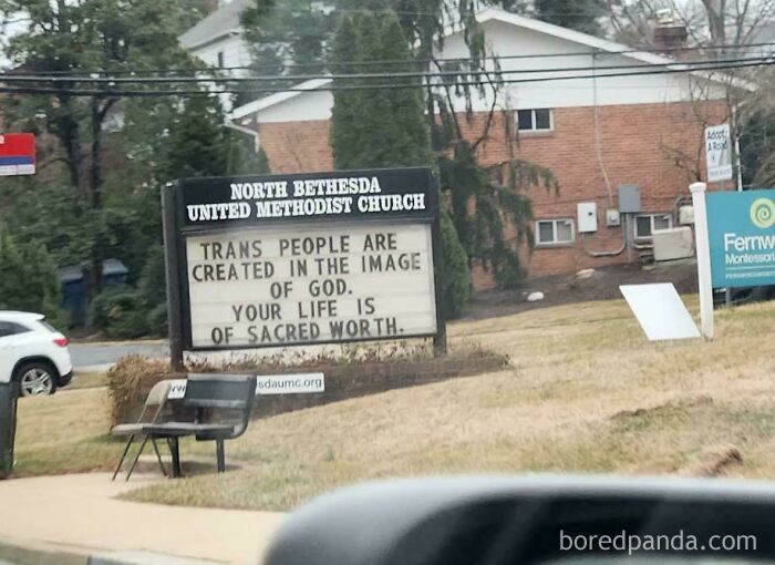 Church sign reading trans people are created in the image of god