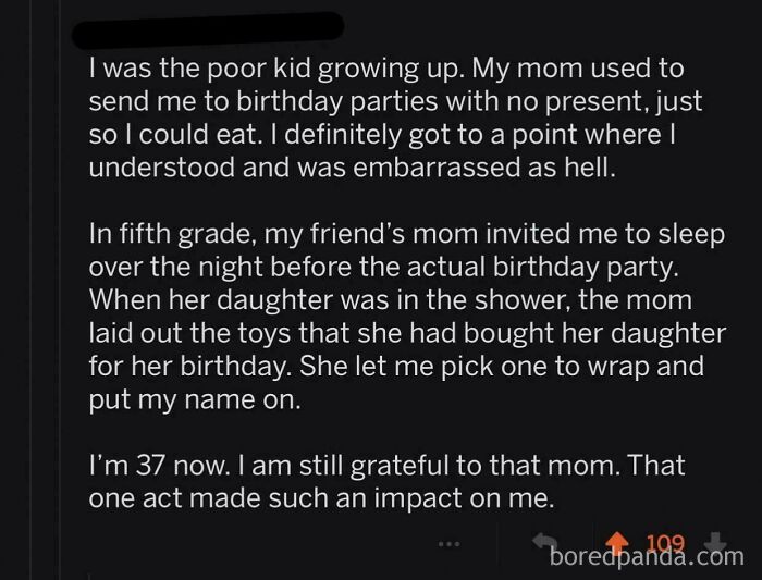 Text post about childhood kindness and gratitude for a friend's mom