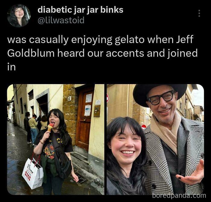 Woman enjoying gelato and selfie with Jeff Goldblum on street