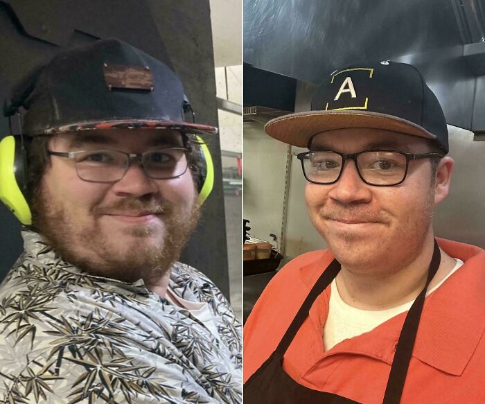 Before and after photos of a man wearing glasses and hats at work