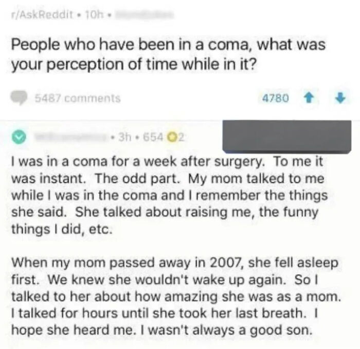 Reddit post about perception of time while in coma after surgery
