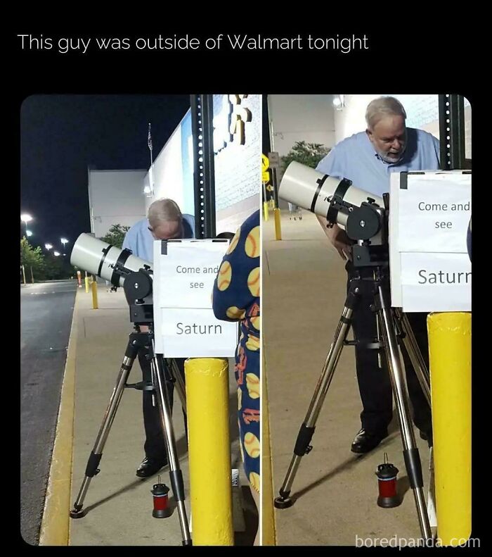 Man with telescope outside Walmart showing Saturn to passersby at night