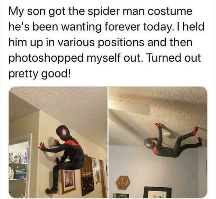 Creative Spider Man costume photo with boy held in various climbing poses indoors