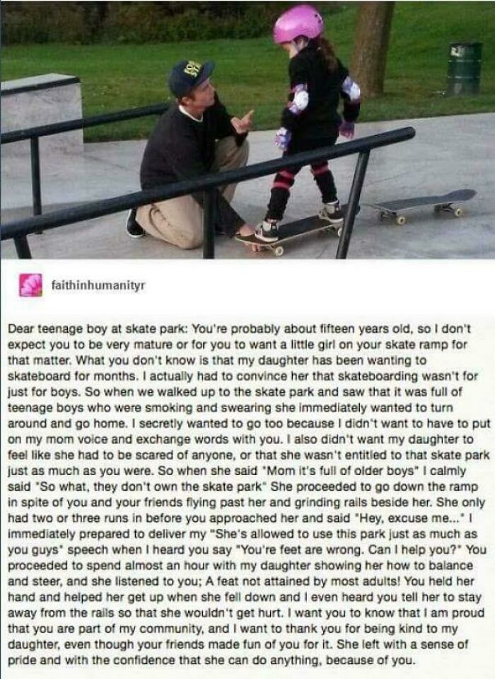 Teen teaching young girl to skateboard at skate park showing wholesome support