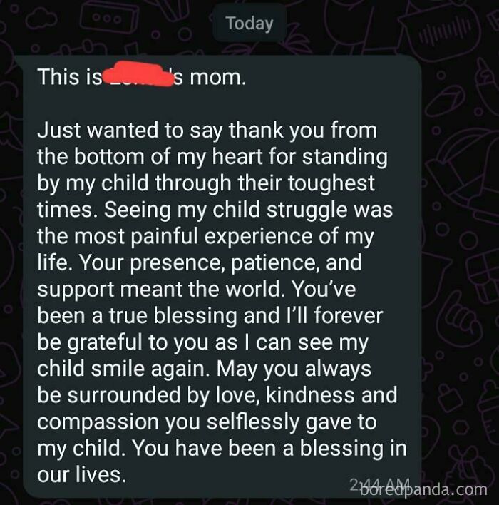 Touching message from a grateful mom expressing thanks for support during child's tough times