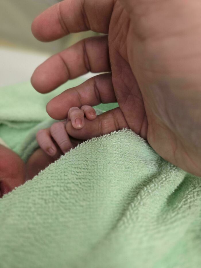 Tiny newborn hand grasping adult finger wrapped in a green towel, warm wholesome moment