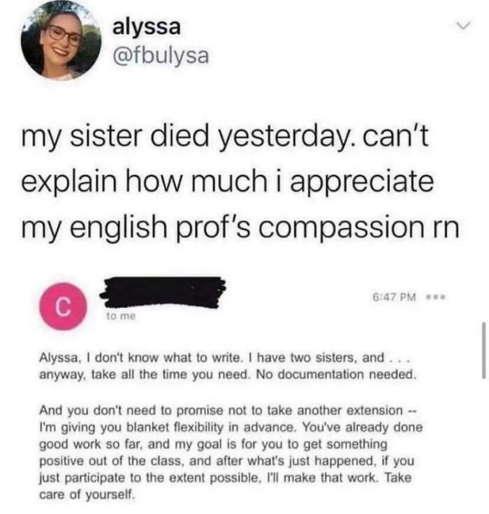 Screenshot of compassionate message from English professor after student's loss