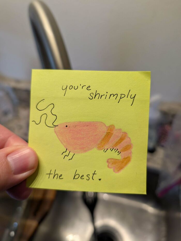 Sticky note with shrimp drawing and message you're shrimply the best