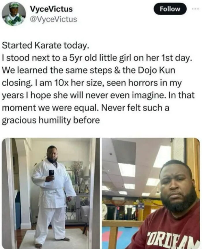 Man shares heartfelt karate class experience with young girl feeling humble and wholesome