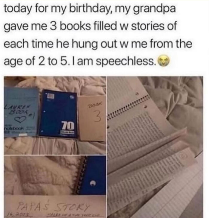 Grandpa gifts birthday books filled with childhood stories creating warm and fuzzy feelings