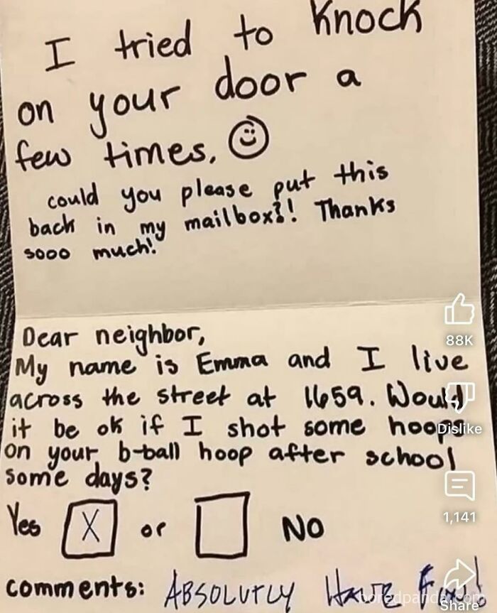 Handwritten note asking permission to use basketball hoop showing friendly neighborhood gesture
