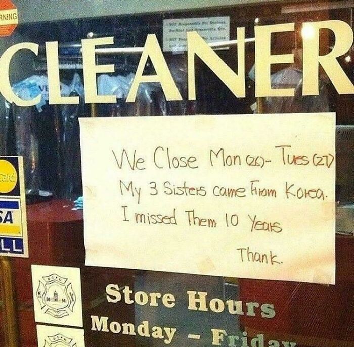Handwritten sign about closing store to visit sisters from Korea in a wholesome message