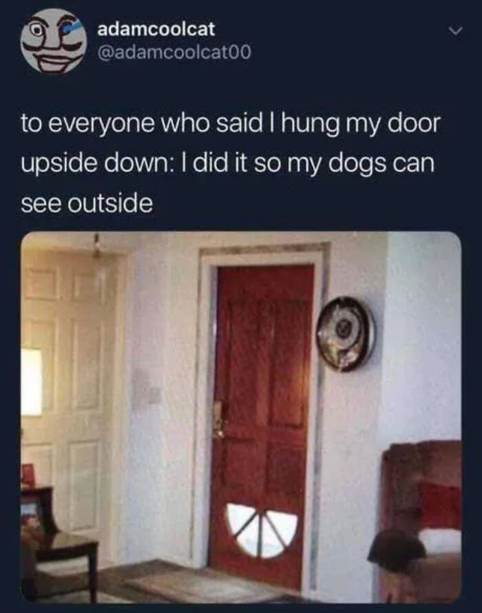 Door with a cutout installed upside down so dogs can see outside