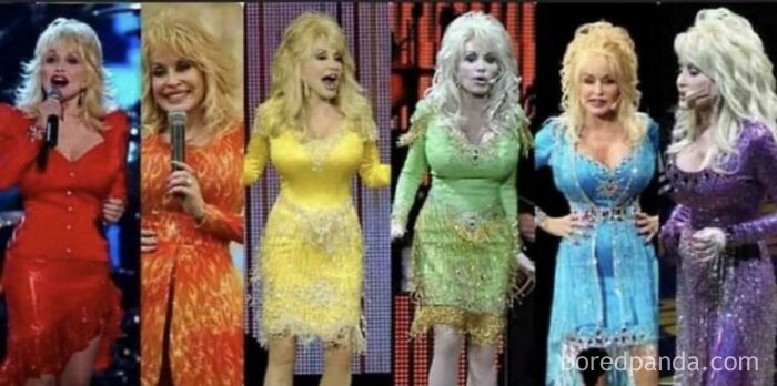 Dolly Parton in various colorful dresses on stage showcasing wholesome moments