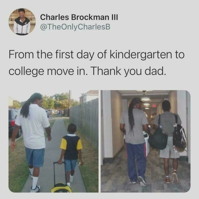 Wholesome photo showing a father walking with son from kindergarten to college move-in day
